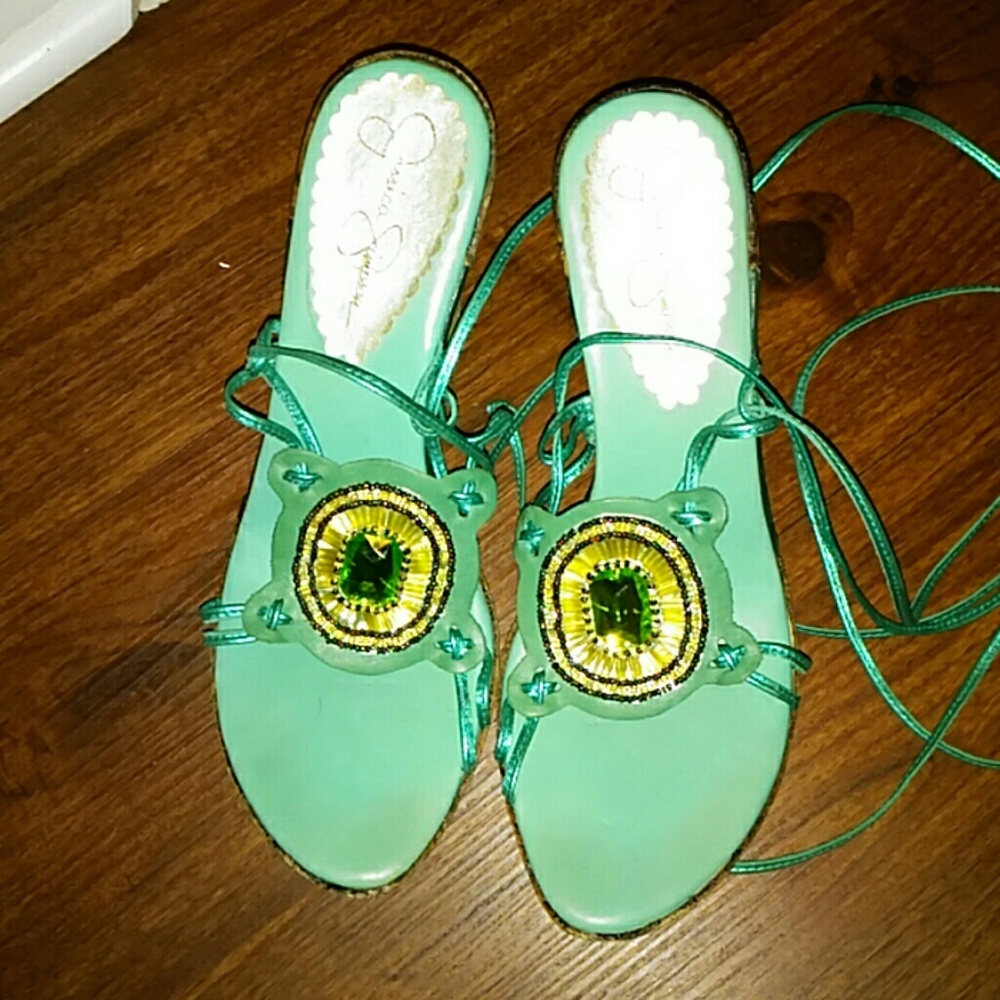 Jessica Simpson Teal Green Embellished Wedge Sandals